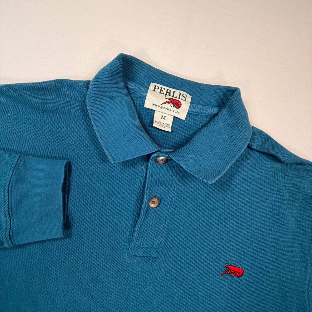 Perlis Mens Medium Teal Blue Peruvian Cotton Long Sleeve Crawfish Polo 0429